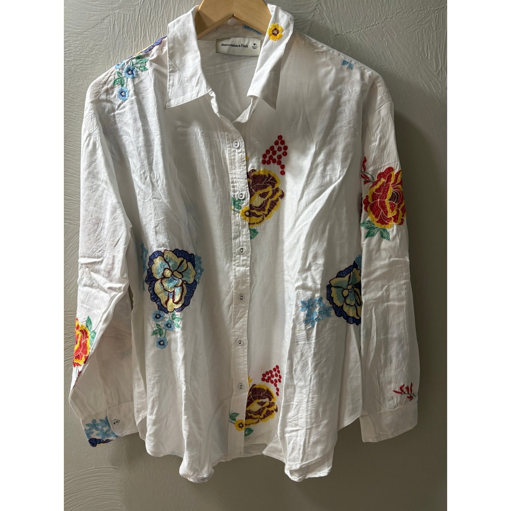 Abercrombie & Fitch Floral Embroidered Linen Blend Button Up Shirt White Medium